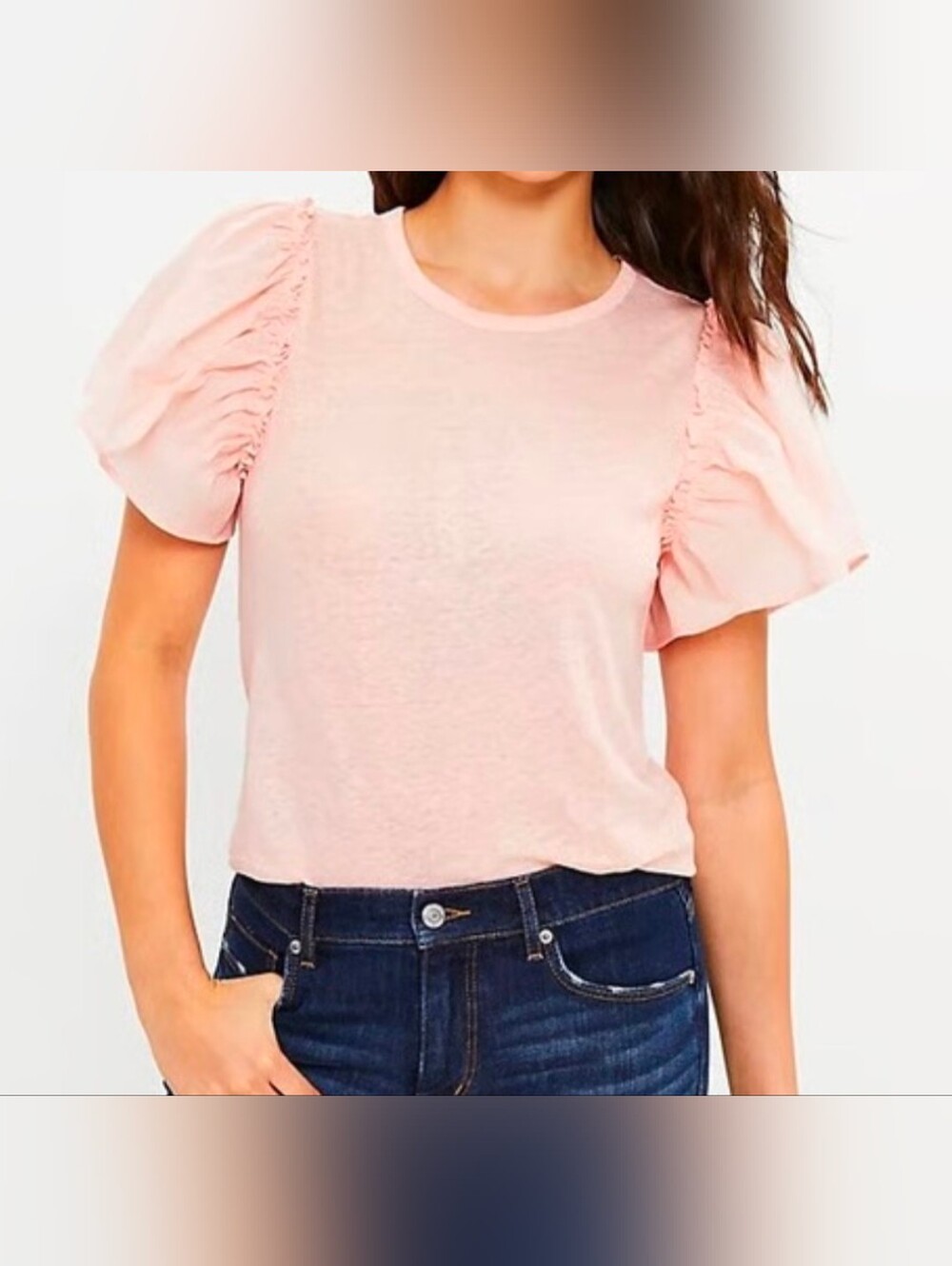 Loft Peach Pink Short Puff Sleeve Cotton T-Shirt Top Large